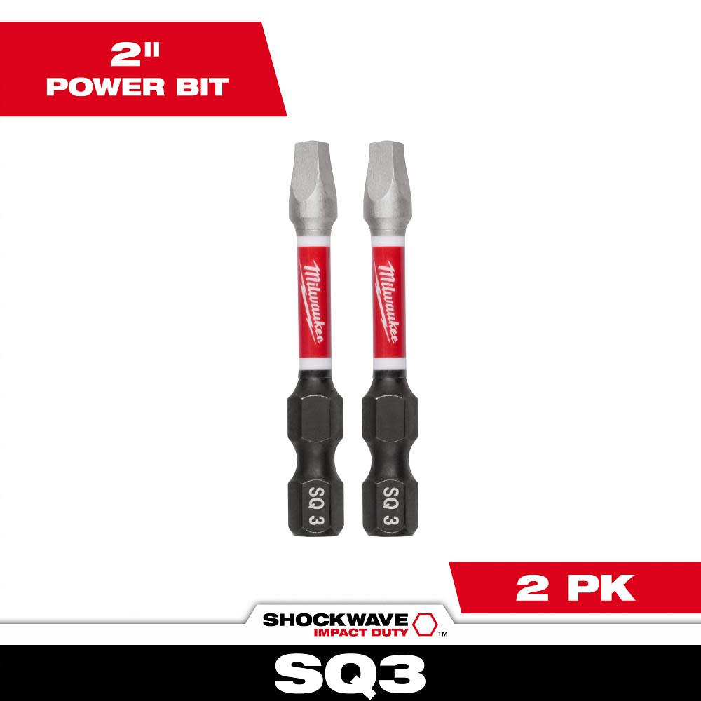 Milwaukee SHOCKWAVE 2 in. Impact Square Recess #3 Power Bits (2 Pack)
