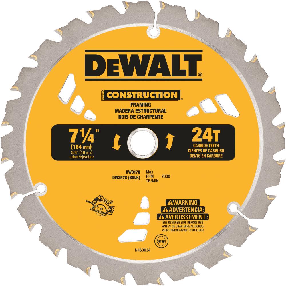 Dewalt "Construction" 7-1/4" x 24 Th Carbide Saw Blade Framing Skill Saw DW3178 Dewalt "Construction" 7-1/4" x 24 Th Carbide Saw Blade Framing Skill Saw DW3178