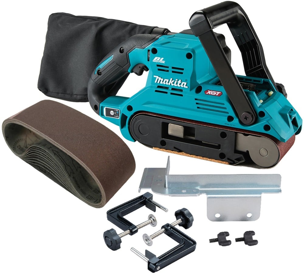 View Makita 40V Max XGT Brushless Cordless 3 Inch x 21 Inch Belt Sander (Bare Tool) 2pc Clamper Set Guide Rule & 150 Grit Abrasive Belt (10 pack)