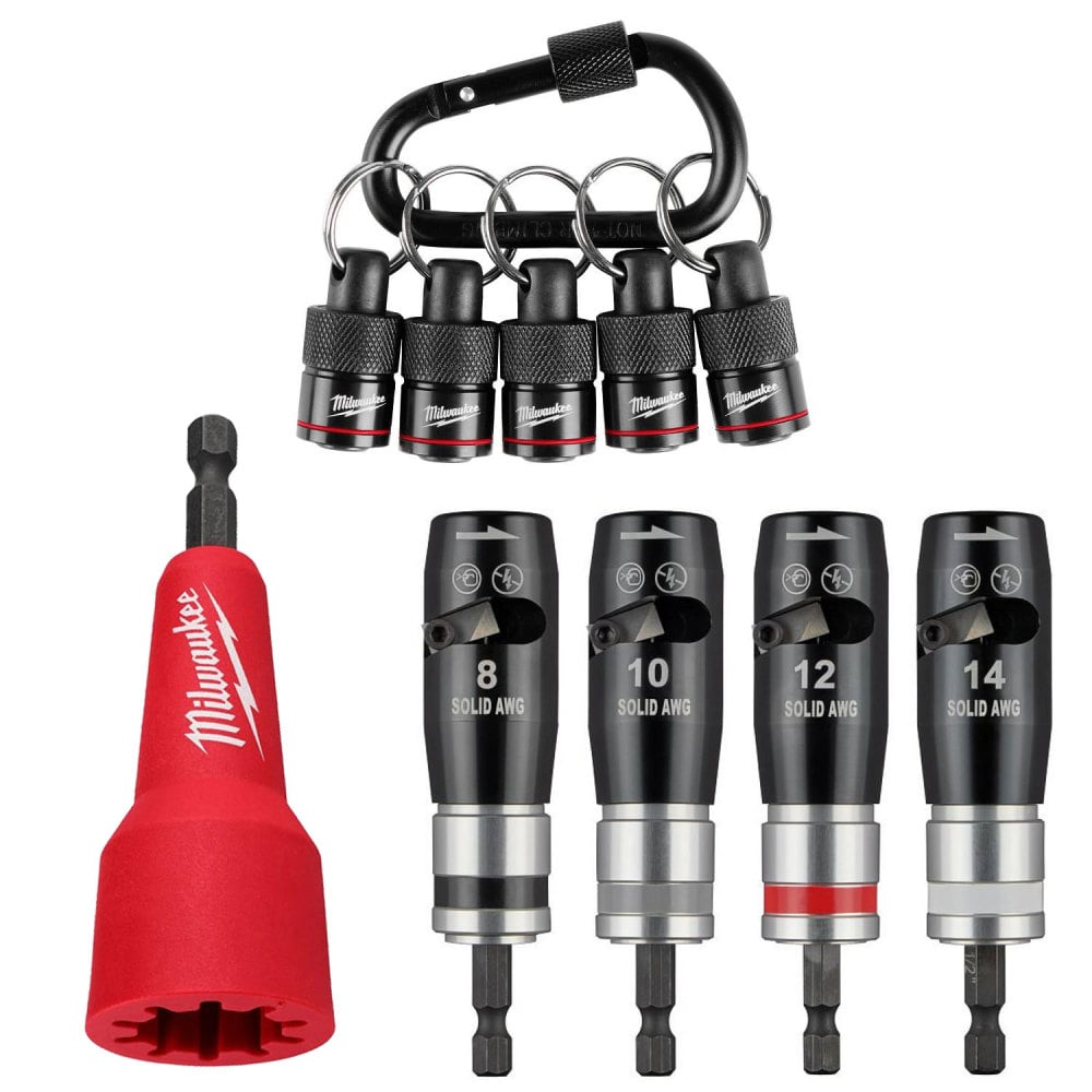 Milwaukee 4PC Solid Wire Stripper Set, Quick-Twist Wire Connector Socket, and 5PC Bit Holder with Carabiner