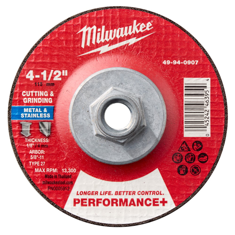 Milwaukee 4-1/2 Inch x 1/8 Inch x 5/8-11 Inch Performance+ Dual Metal Cut & Grind Wheel Type 27