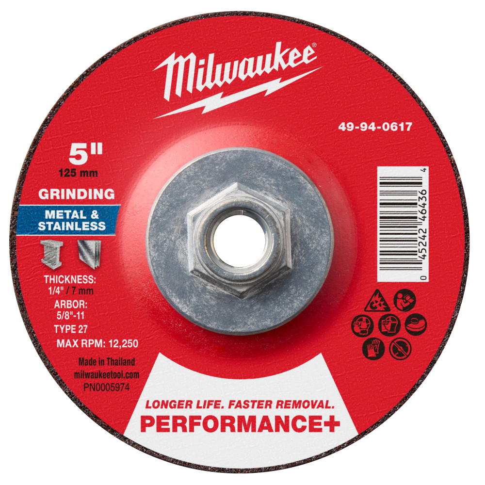 Milwaukee 5 Inch x 1/4 Inch x 5/8 Inch-11 Performance+ Metal Grinding Wheel Type 27