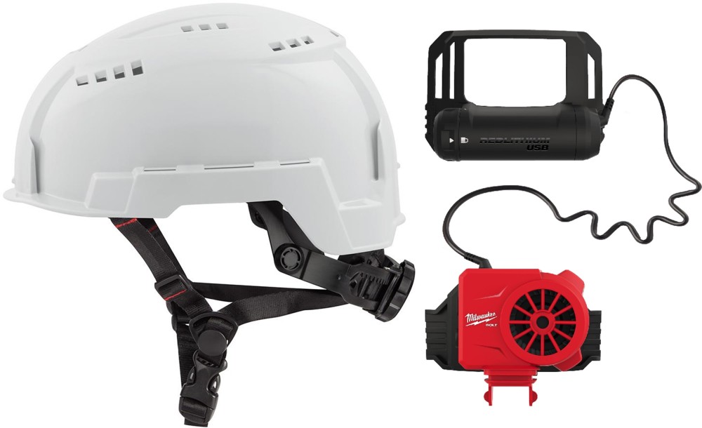 Milwaukee BOLT White Vented Helmet Class C & USB Cooling Fan Bundle