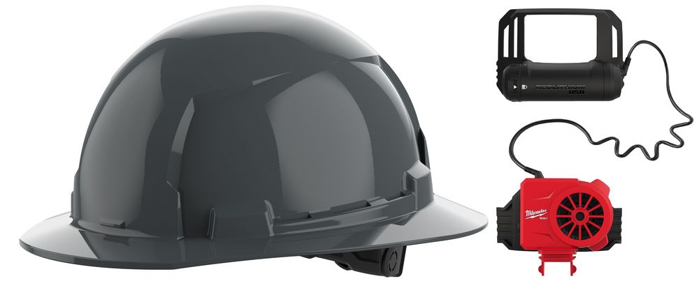 Milwaukee BOLT Gray Full Brim Hard Hat with 6pt Ratcheting Suspension Type 1 Class E & USB Cooling Fan Bundle