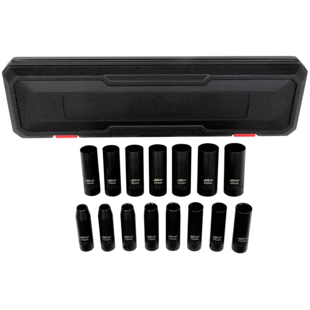 

Milton 1/2 Drive Deep 6-Point Impact Socket Set 10-24mm Metric Steel Coated Black Oxide Finish 15pc