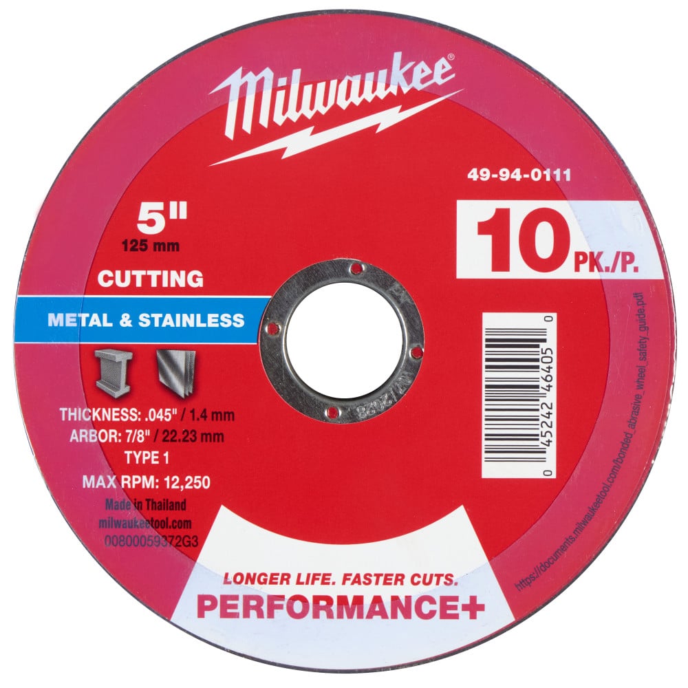 Milwaukee 5 Inch x .045 Inch x 7/8 Inch Performance+ Metal Cut Off Wheel Type 1 10 Pieces