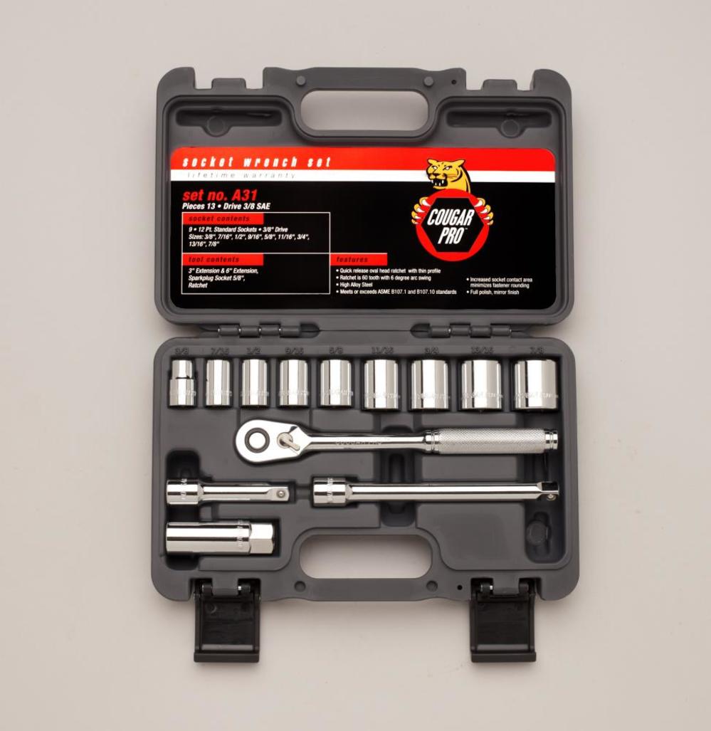 

Cougar Pro 3/8 In. Drive 13 pc. 12 pt SAE Socket Set