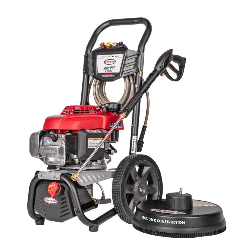 

Simpson MegaShot 3000 PSI at 2.4 GPM HONDA GCV160 with OEM Technologies Axial Cam Pump Cold Water Premium Residential Gas Pressure Washer with 15 in. Surface Scrubber