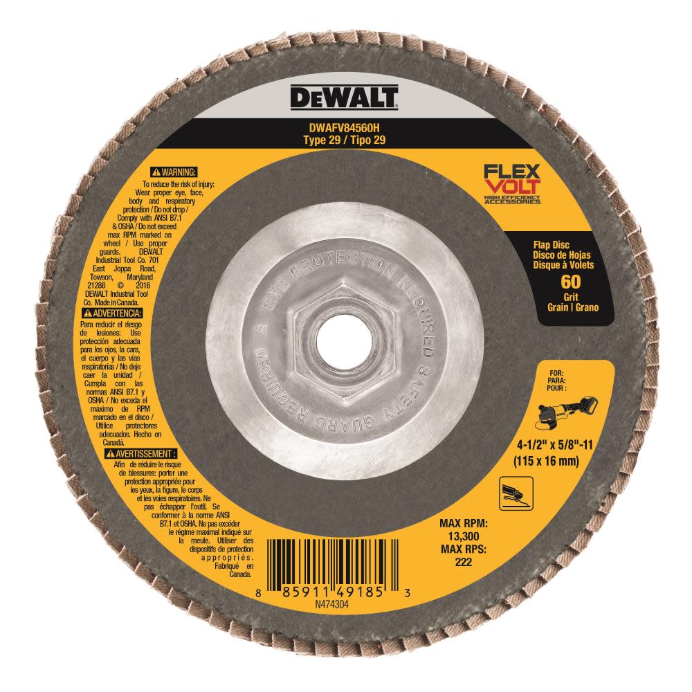 

DEWALT FLEXVOLT 4-1/2 In. x 5/8 In. to 11 60 g T29 Flap Disc