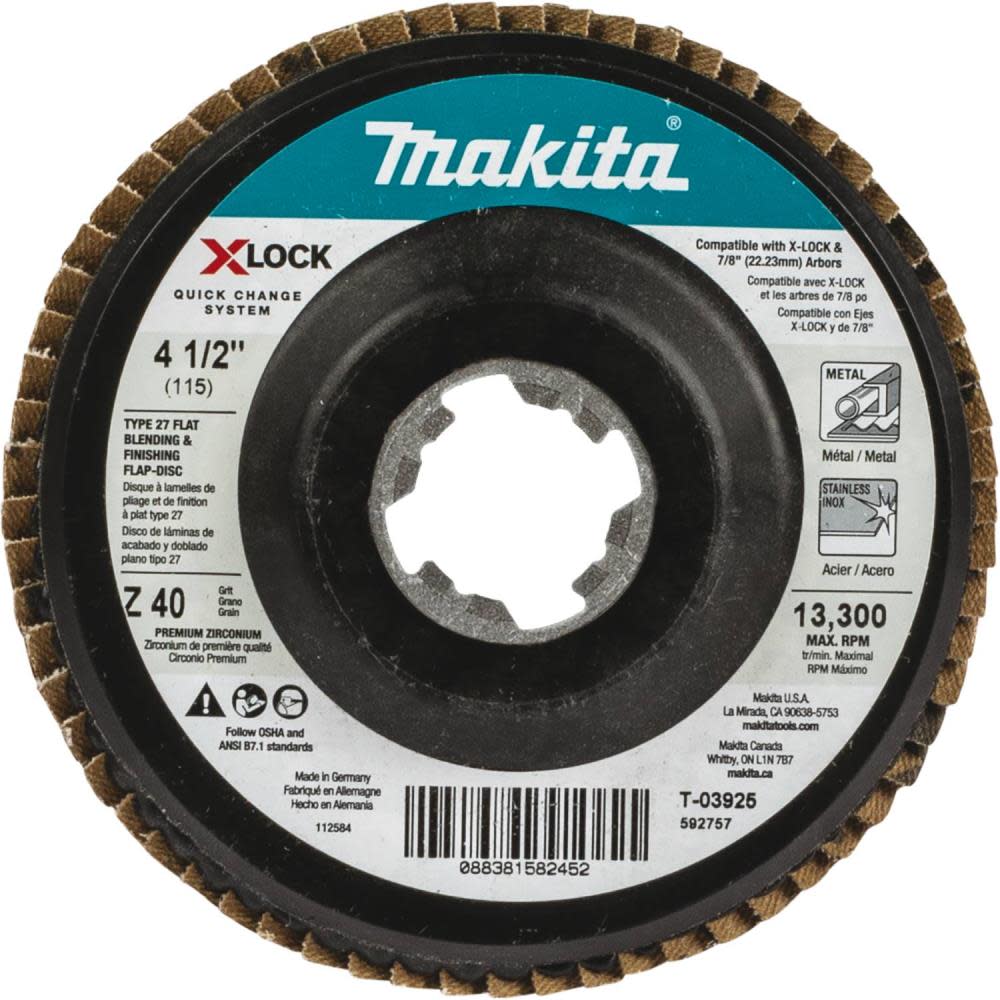 

Makita X-LOCK 41/2" 40 Grit Type 27 Flat Blending and Finishing Flap Disc for X-LOCK and All 7/8" Arbor Grinders