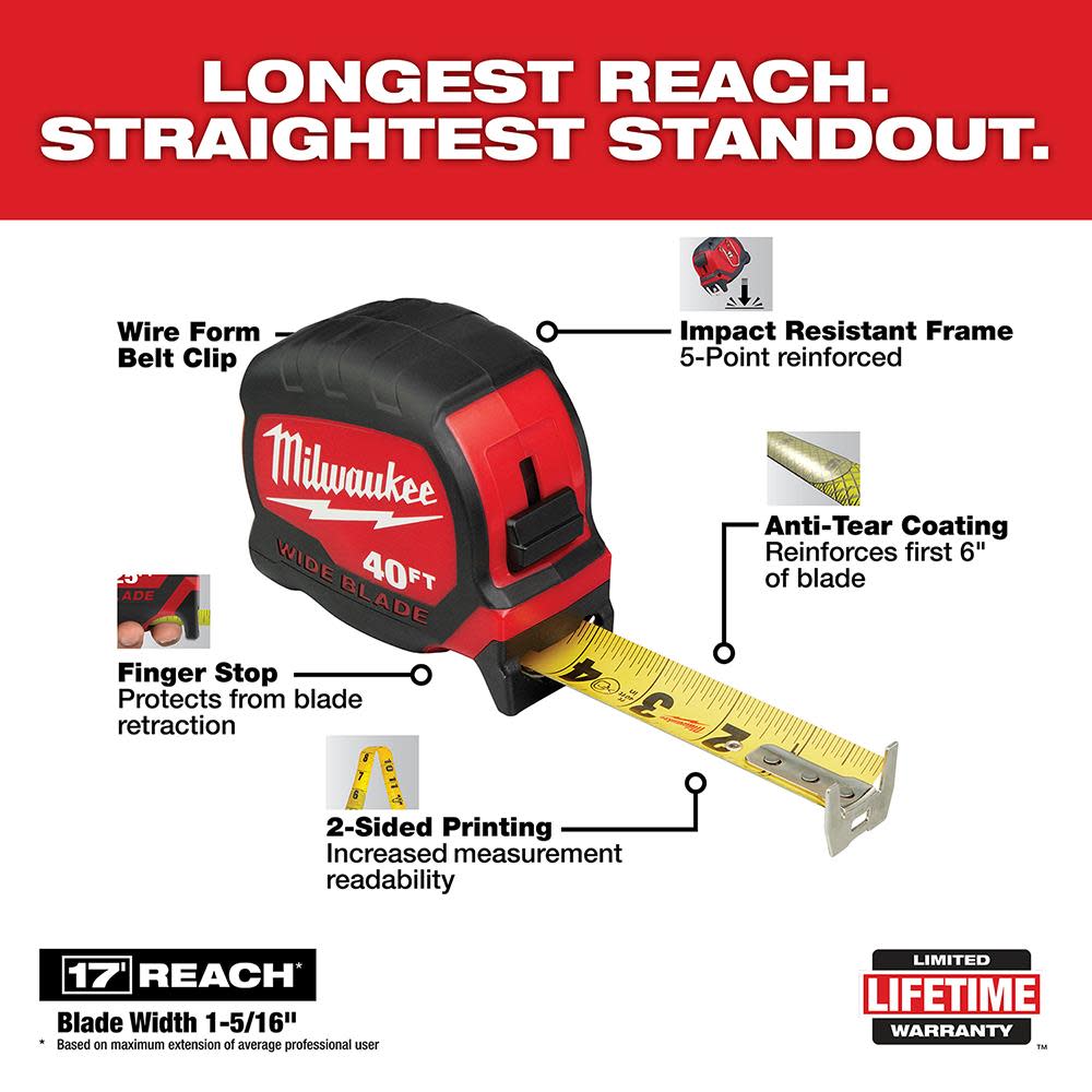 x 1.3 in Milwaukee 48-22-0240 40 ft Wide Blade Tape Measure