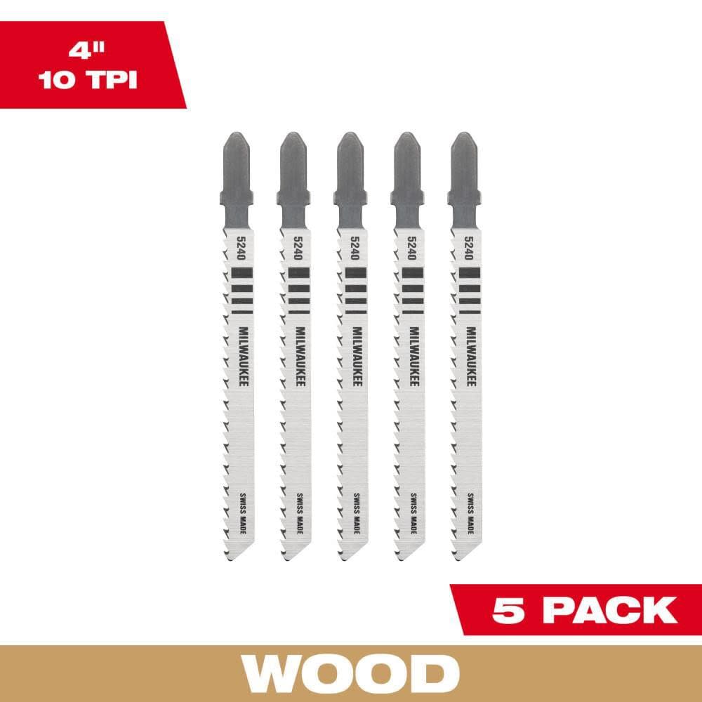 Milwaukee 4in 10TPI T-Shank Wood High Carbon Steel Jigsaw Blades 5pk