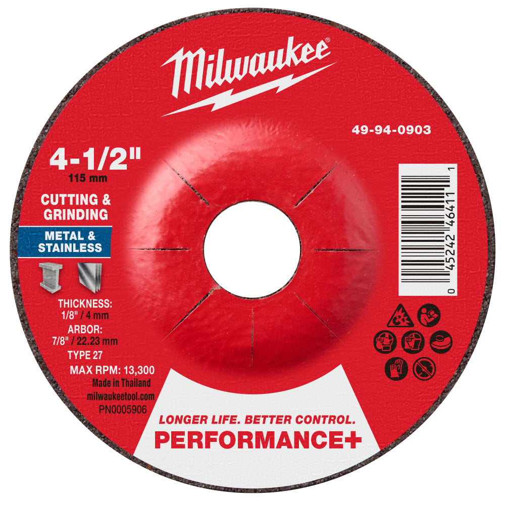 Milwaukee 4-1/2 Inch x 1/8 Inch x 7/8 Inch Performance+ Dual Metal Cut & Grind Wheel Type 27