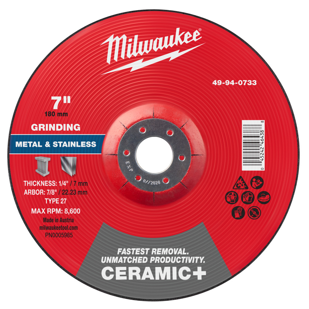 Milwaukee 7 Inch x 1/4 Inch x 7/8 Inch Ceramic+ Metal Grinding Wheel Type 27