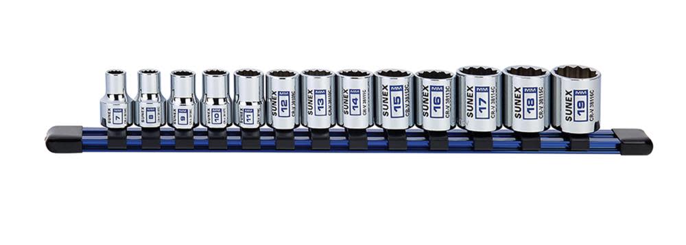 

Sunex 3/8 In. Dr 12 Pt Standard Metric Socket Rail 13 Pc Set