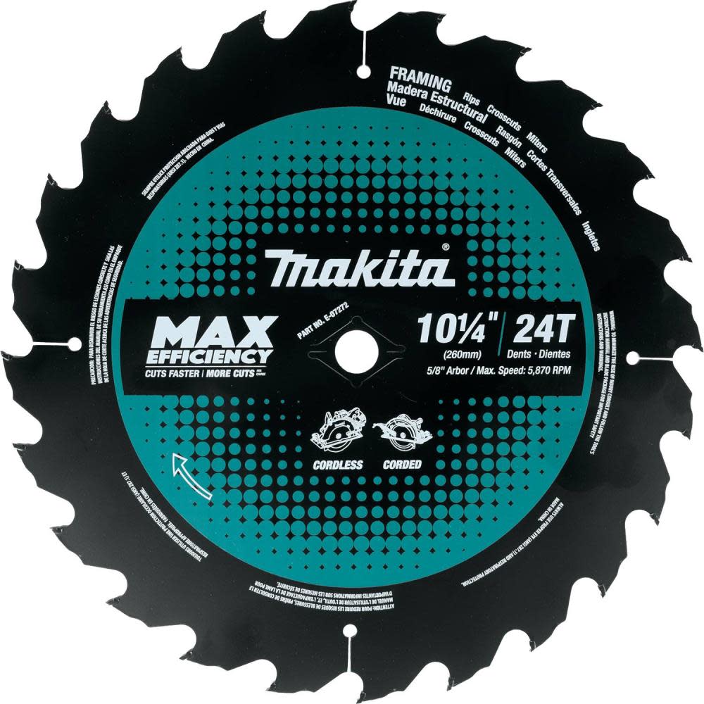 Makita 10-1/4 Inch 24T Carbide-Tipped Max Efficiency Circular Saw Blade, Framing image number null