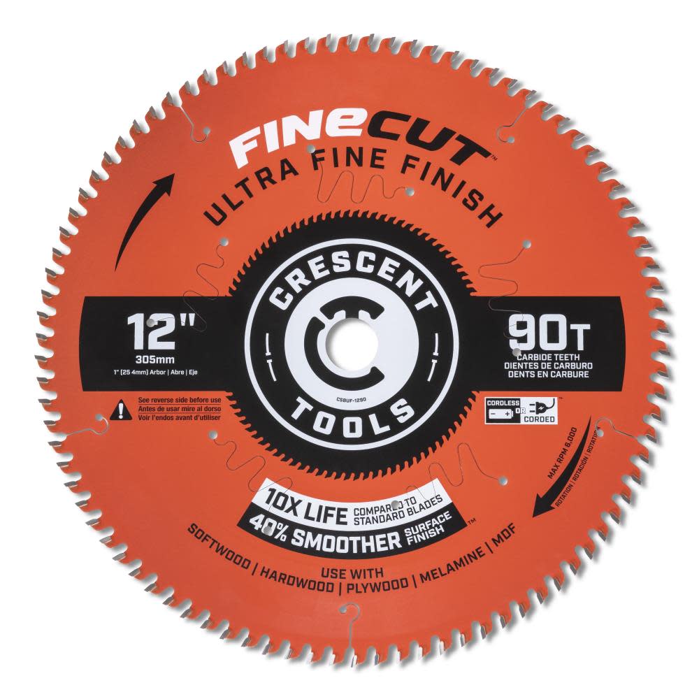 

Crescent Circular Saw Blade 12" x 90 Tooth Fine Cut Ultra Fine Finishing