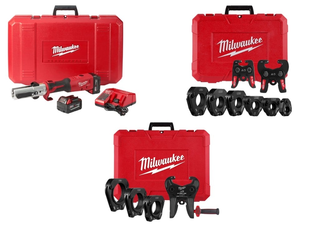 Milwaukee M18 FORCE LOGIC Long Throw Press Tool Kit with 1/2 Inch - 4 Inch IPS-P Pivoting Press Ring Kits Bundle
