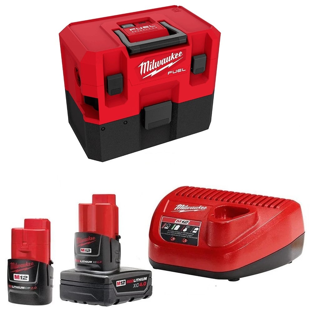 View Milwaukee M12 Wet/Dry Vacuum-Bare Tool CP 2Ah & XC 4Ah Starter Kit Bundle