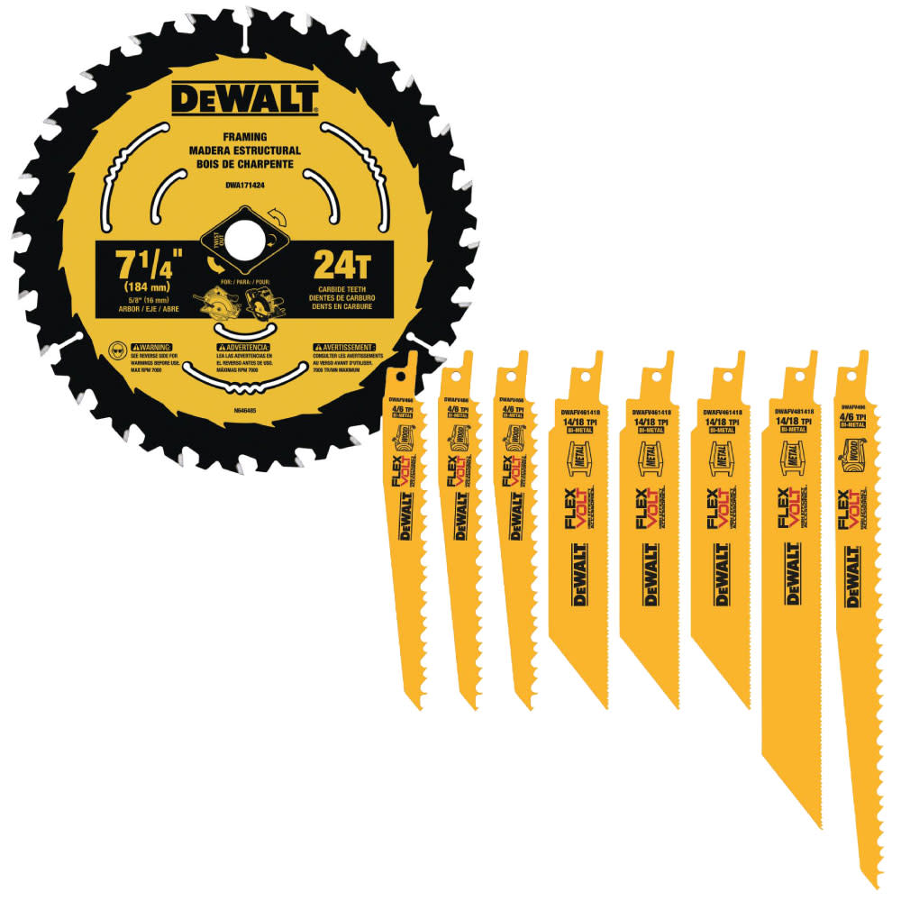 

DEWALT FLEXVOLT Reciprocating Saw Blade Set- 8 Pack and 7-1/4-in 24T Saw Blades with ToughTrack Tooth Design - 3 pack