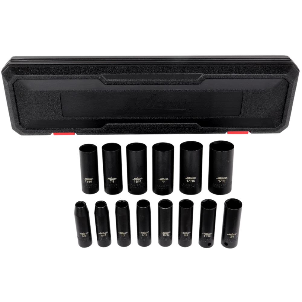 

Milton 1/2 Drive Deep 6-Point Impact Socket Set 3/8"- 1-1/8 SAE Steel Coated Black Oxide Finish 14pc