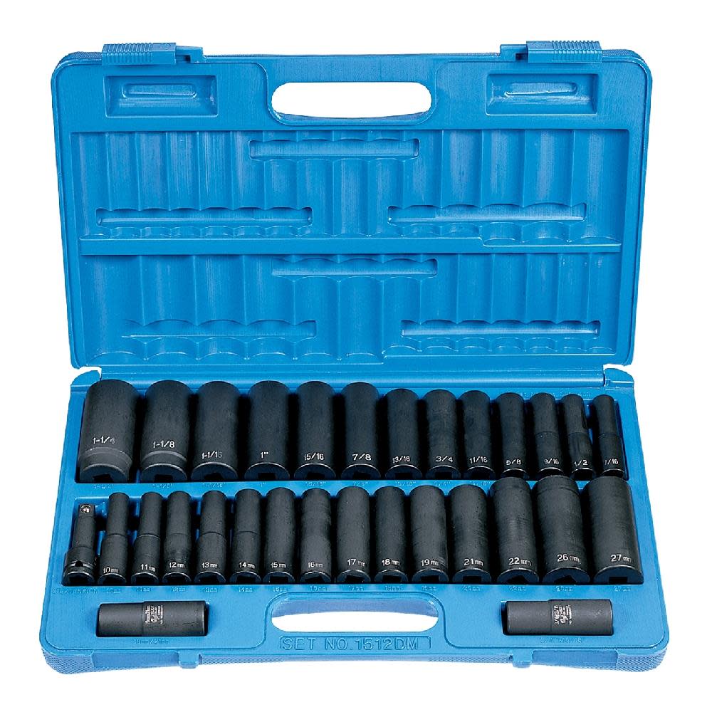 

Grey Pneumatic 1/2 In. Drive 30 pc. Deep Length Fractional & Metric Socket Set