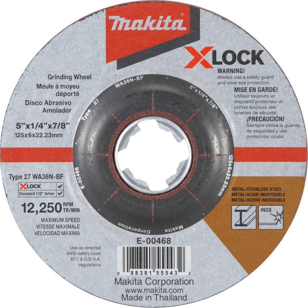 

Makita X-LOCK 5" x 1/4" x 7/8" Type 27 General Purpose 36 Grit Abrasive Grinding Wheel for Metal & Stainless Steel Grinding