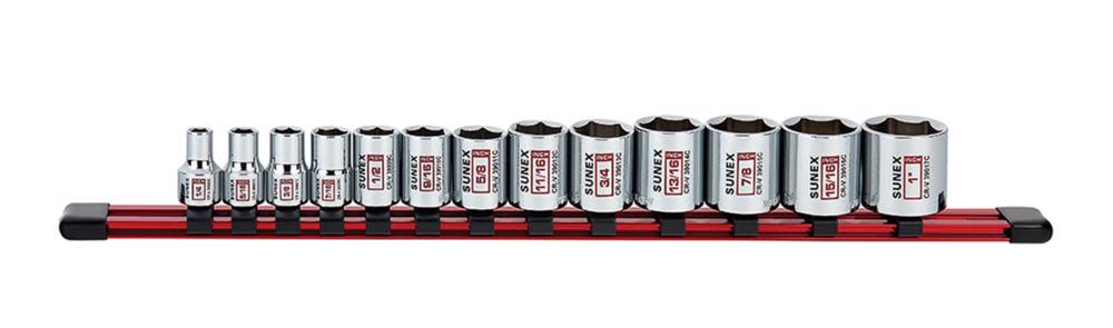 

Sunex 3/8 In. Dr 6 Pt Standard SAE Socket Rail 13 Pc Set
