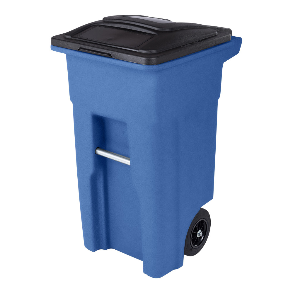 

Toter 32 Gallon Blue Trash Can with Quiet Wheels and Attached Black Lid