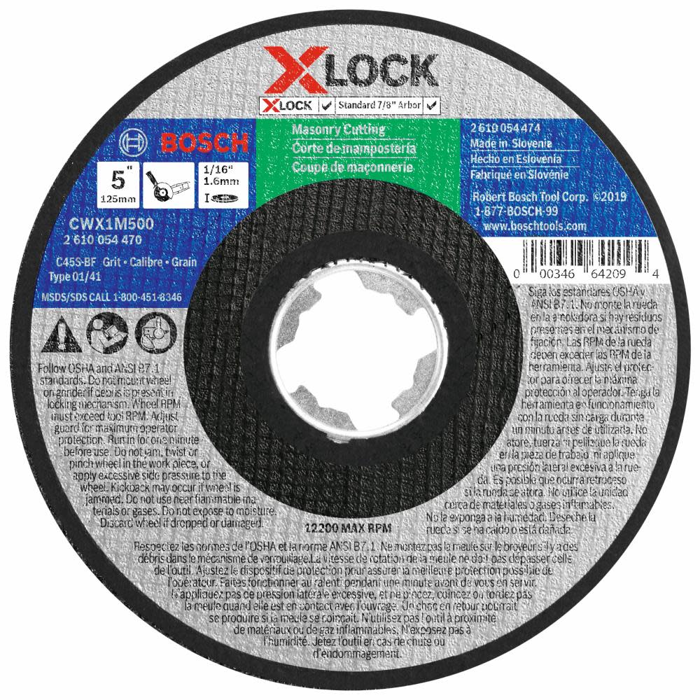 

Bosch 5 In. x 1/16 In. X-LOCK Arbor Type 1A (ISO 41) 24 Grit Masonry Cutting Abrasive Wheel