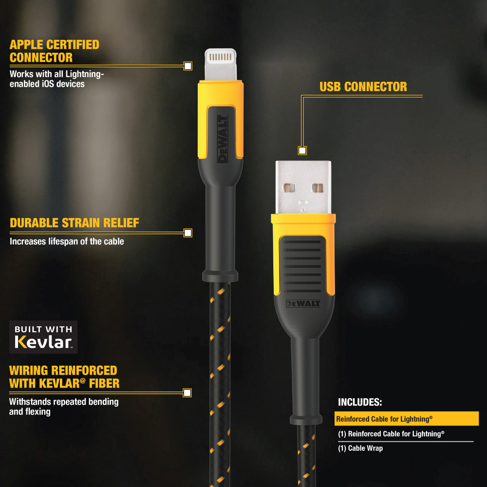 DEWALT Phone Charger Lightning Reinforced Braided Cord 10' 131