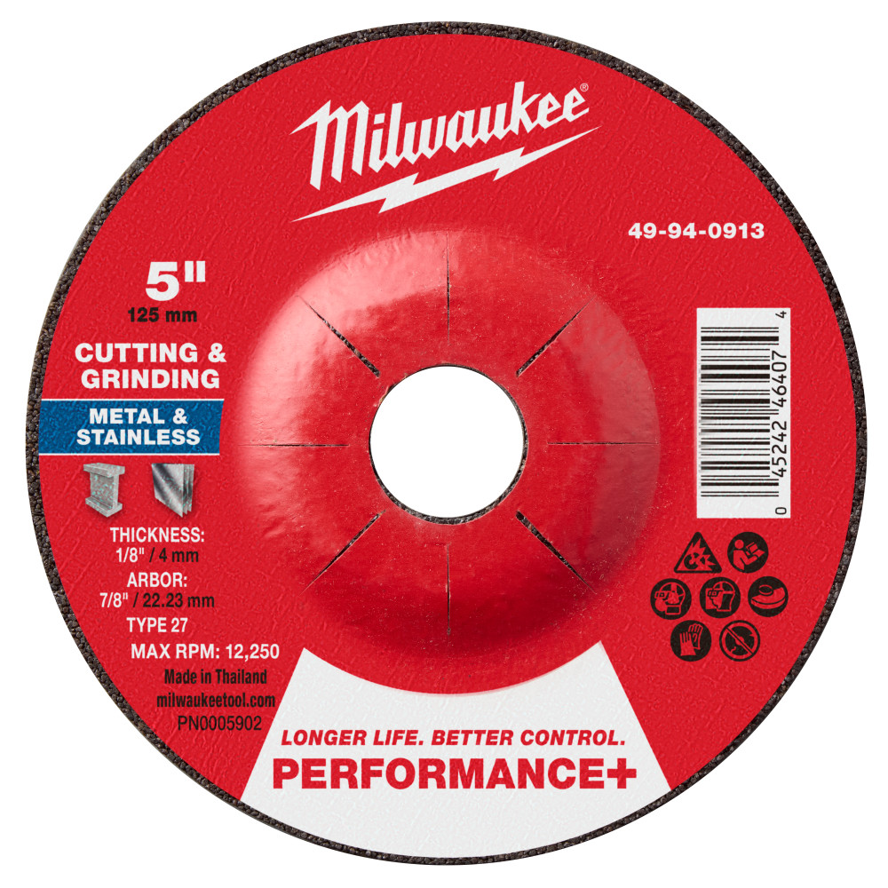 Milwaukee 5 Inch x 1/8 Inch x 7/8 Inch Performance+ Dual Metal Cut & Grind Wheel Type 27