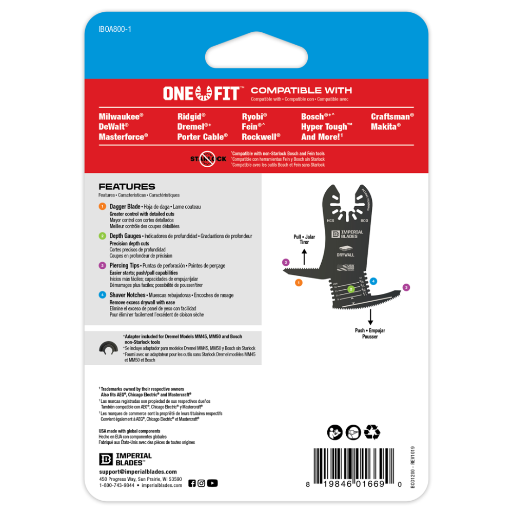 Imperial Blades Iboa800-1 One Fit 4-in-1 Features Drywall Blade 1pc for sale online 