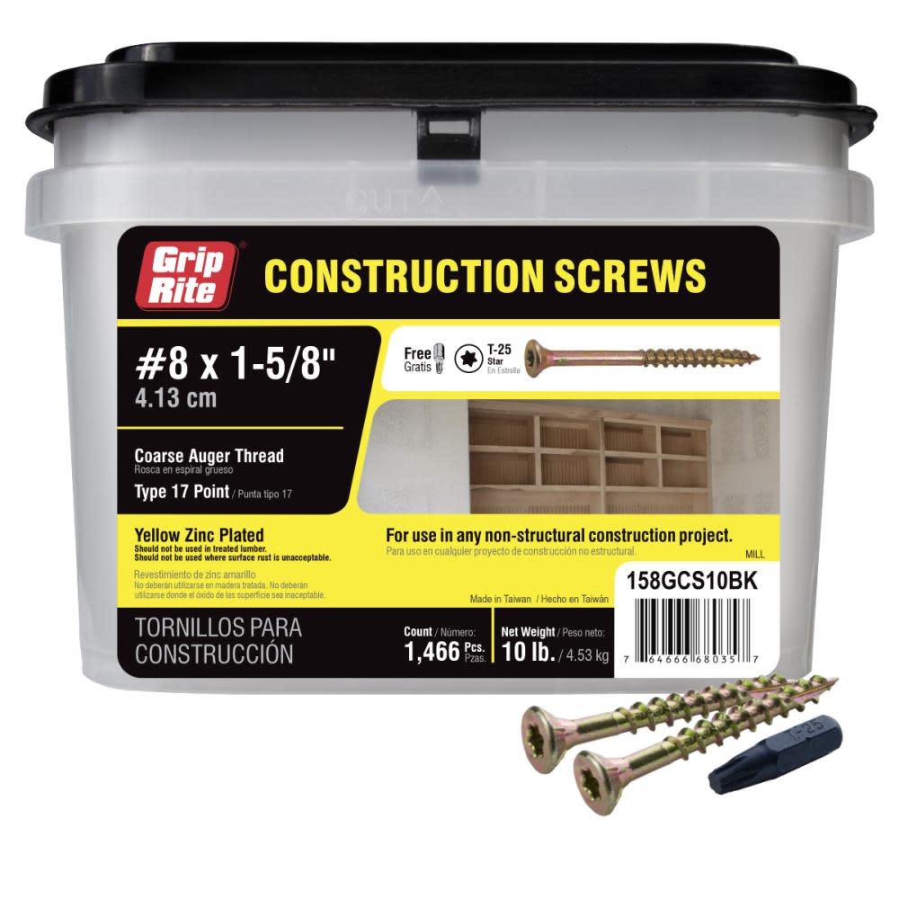 

Grip Rite Screws #8 x 1.625" Bugle-Head Yellow Zinc Type 17 Star-Drive Interior Wood 10lbs