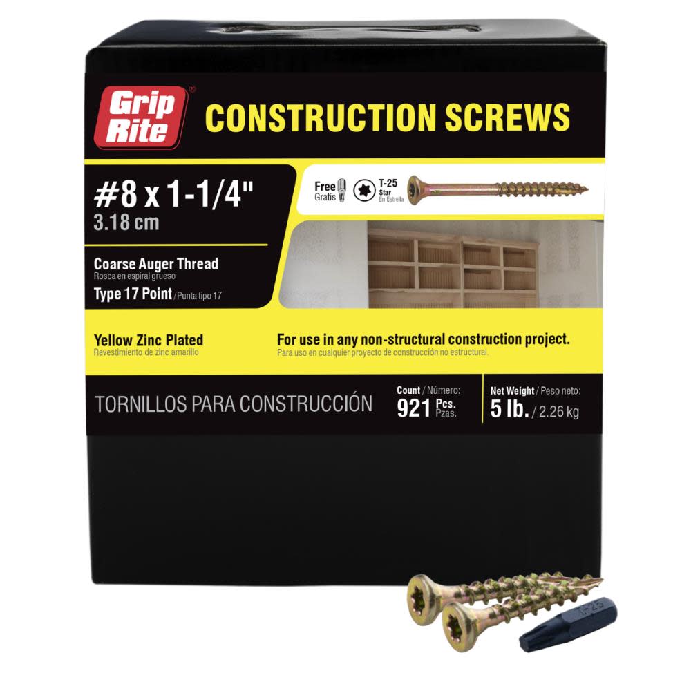 

Grip Rite Screws #8 x 1.25" Bugle-Head Yellow Zinc Type 17 Star-Drive Interior Wood 5lbs