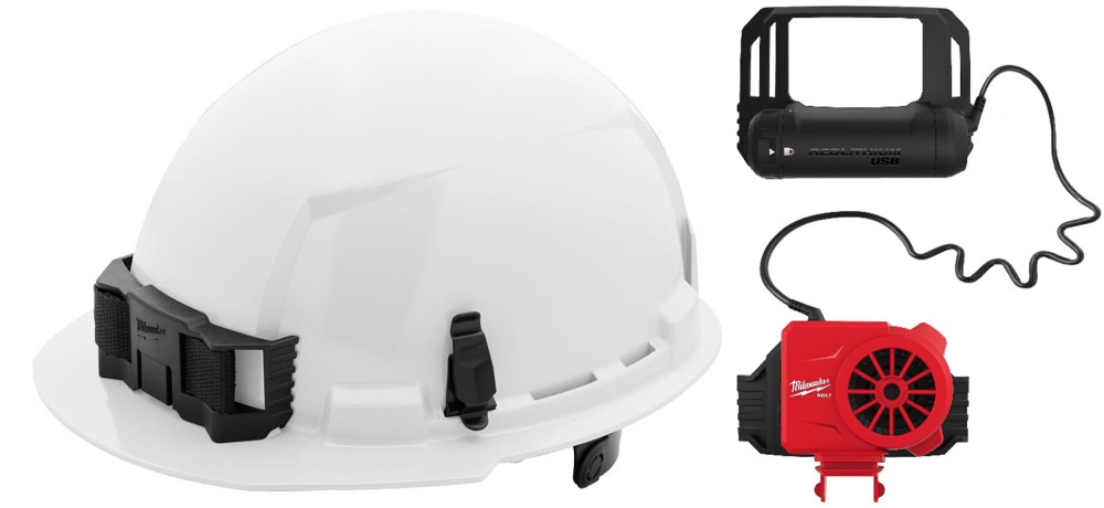 Milwaukee White Front Brim Hard Hat with 6pt Ratcheting Suspension Type 1 Class E & BOLT USB Cooling Fan Bundle