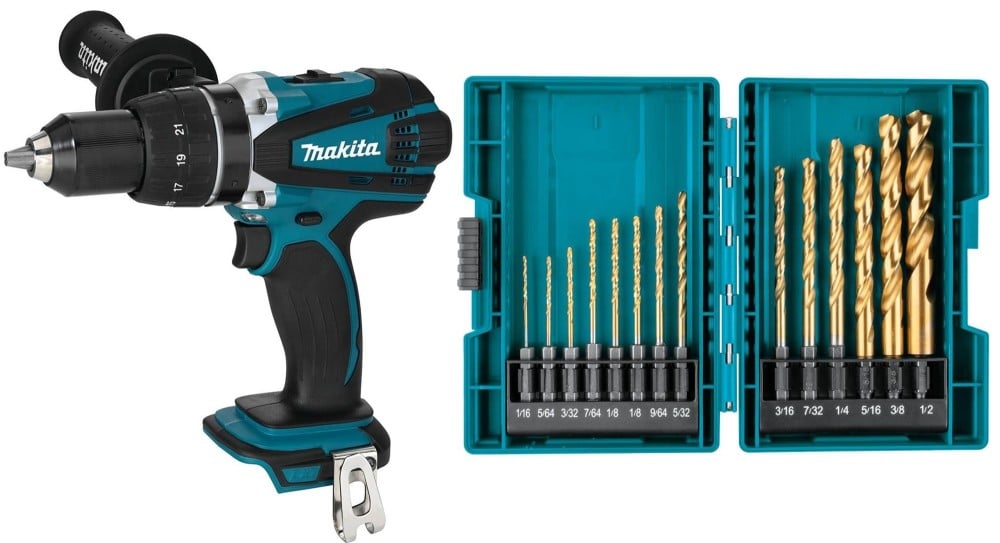 View Makita 18V LXT Lithium-Ion Cordless 1/2 Inch Driver Drill (Tool only) & Impact GOLD 14 Pc. Titanium Drill Bit Set Bundle