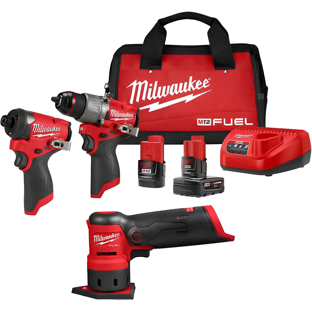 Milwaukee M12 FUEL Drill Driver, Impact Driver & Orbital Sander Combo Kit Bundle