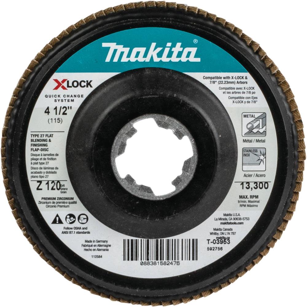 

Makita X-LOCK 41/2" 120 Grit Type 27 Flat Blending and Finishing Flap Disc for X-LOCK and All 7/8" Arbor Grinders