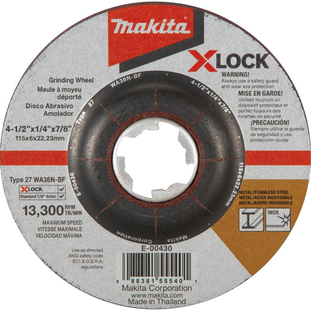 

Makita X-LOCK 4-1/2" x 1/4" x 7/8" Type 27 General Purpose 36 Grit Abrasive Grinding Wheel for Metal & Stainless Steel Grinding
