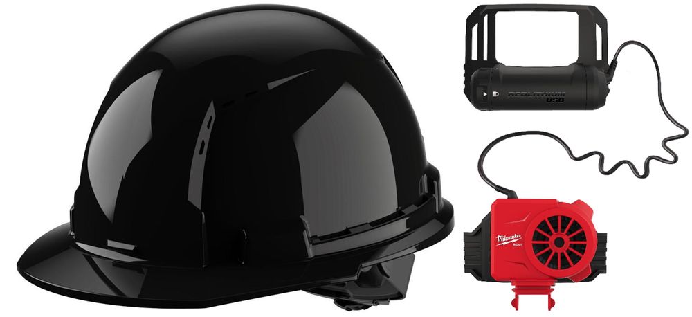 Milwaukee Black Front Brim Vented Hard Hat with 4pt Ratcheting Suspension Type 1 Class C & BOLT Cooling Fan Bundle
