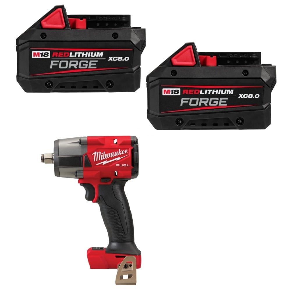 Milwaukee Impact Wrench with Friction Ring and M18 Forge XC 18V 8Ah Battery Pack with Fuel Indicator Bundle