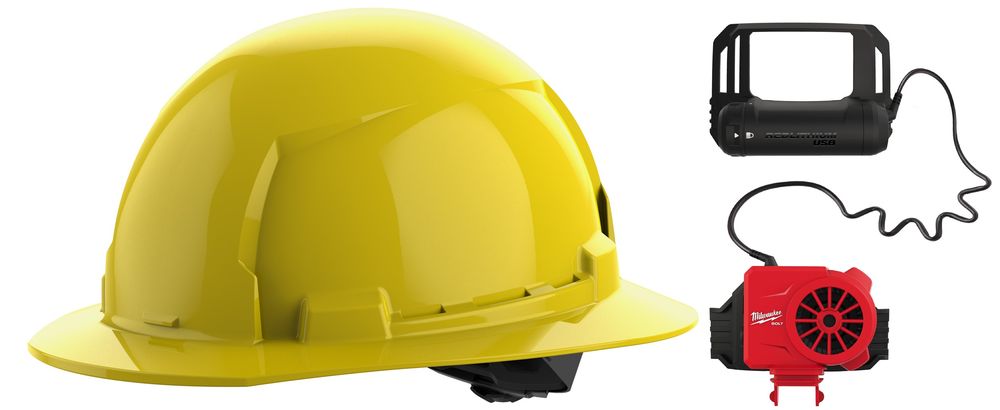 Milwaukee BOLT Yellow Full Brim Hard Hat with 4pt Ratcheting Suspension Type 1 Class E & USB Cooling Fan Bundle