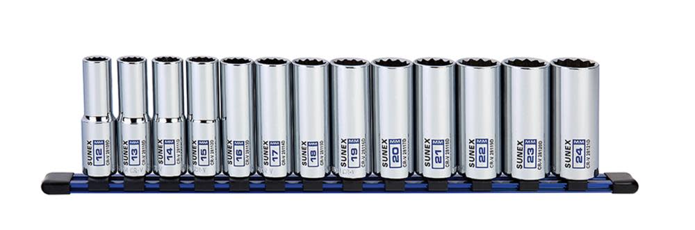 

Sunex 1/2 In. Dr 12 Pt Deep Metric Socket Rail 13 Pc Set
