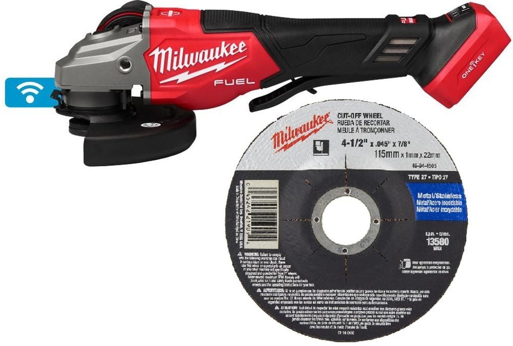View Milwaukee M18 FUEL 4-1/2 Inch-6 Inch Variable Speed Braking Grinder, Paddle Switch w/ ONE-KEY & 4-1/2 in. x .045 in. x 7/8 in. Cut-Off Wheel (Type 27)