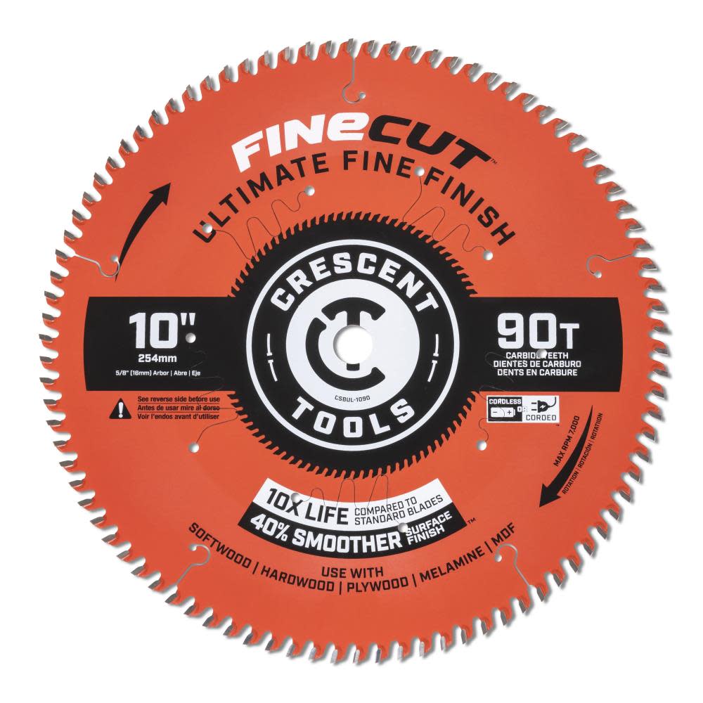 

Crescent Circular Saw Blade 10" x 90 Tooth Fine Cut Ultimate Fine Finishing
