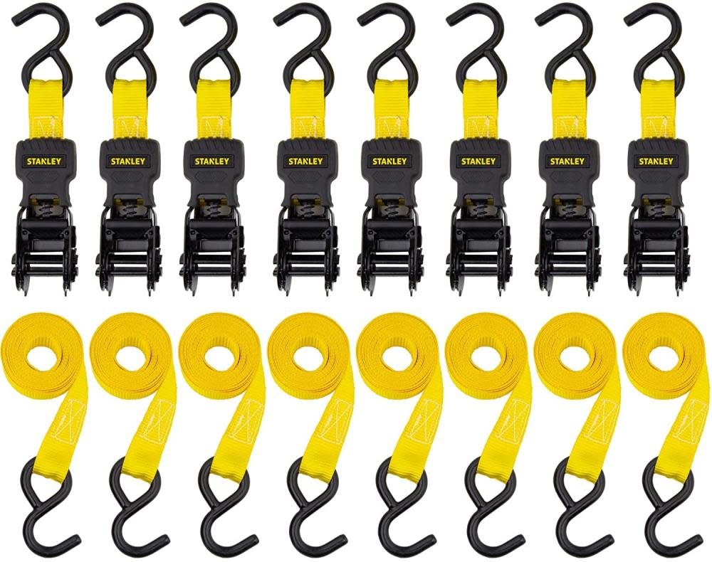 

Stanley S1000 Ratchet Tie Down Straps 1" x 10' Light Cargo Hauling 1500 lbs Break Strength 8pk