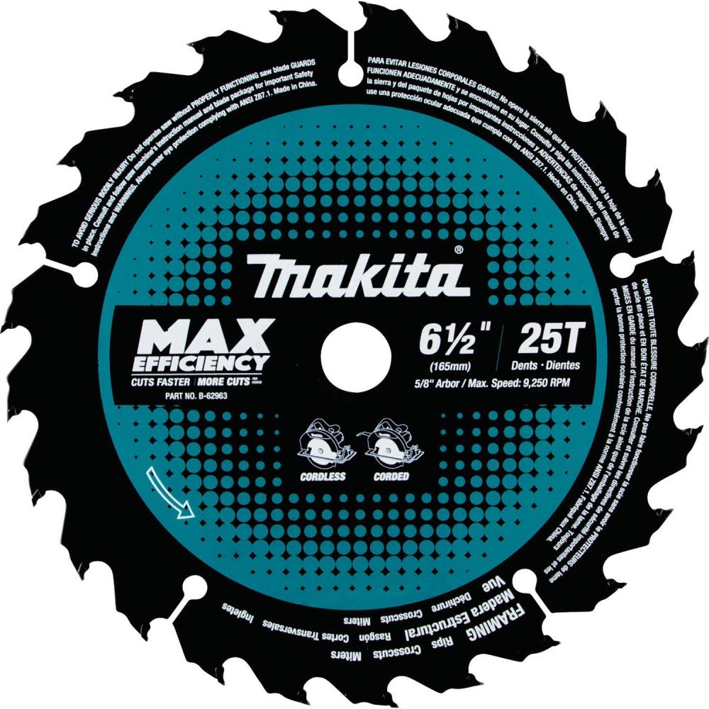 

Makita 6-1/2" 25T Carbide-Tipped Max Efficiency Circular Saw Blade Framing