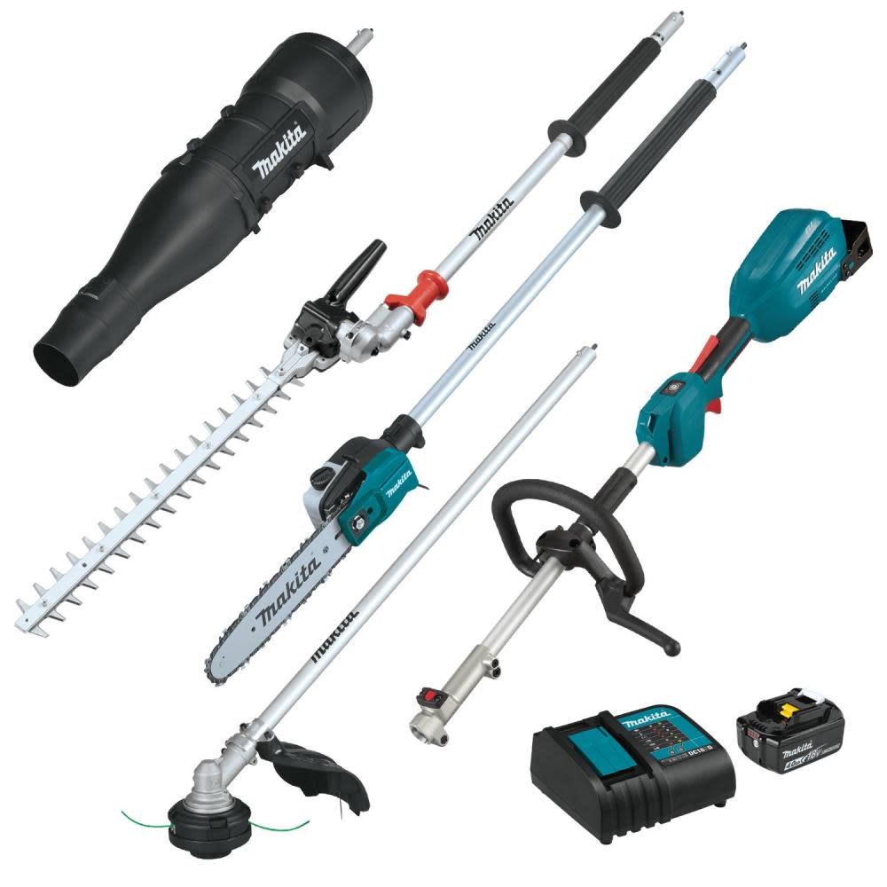 View Makita 18V LXT Brushless Couple Shaft Power Head Kit with String Trimmer, Pole Saw, Art. Hedge Trimmer & Blower Attachments (4.0Ah)