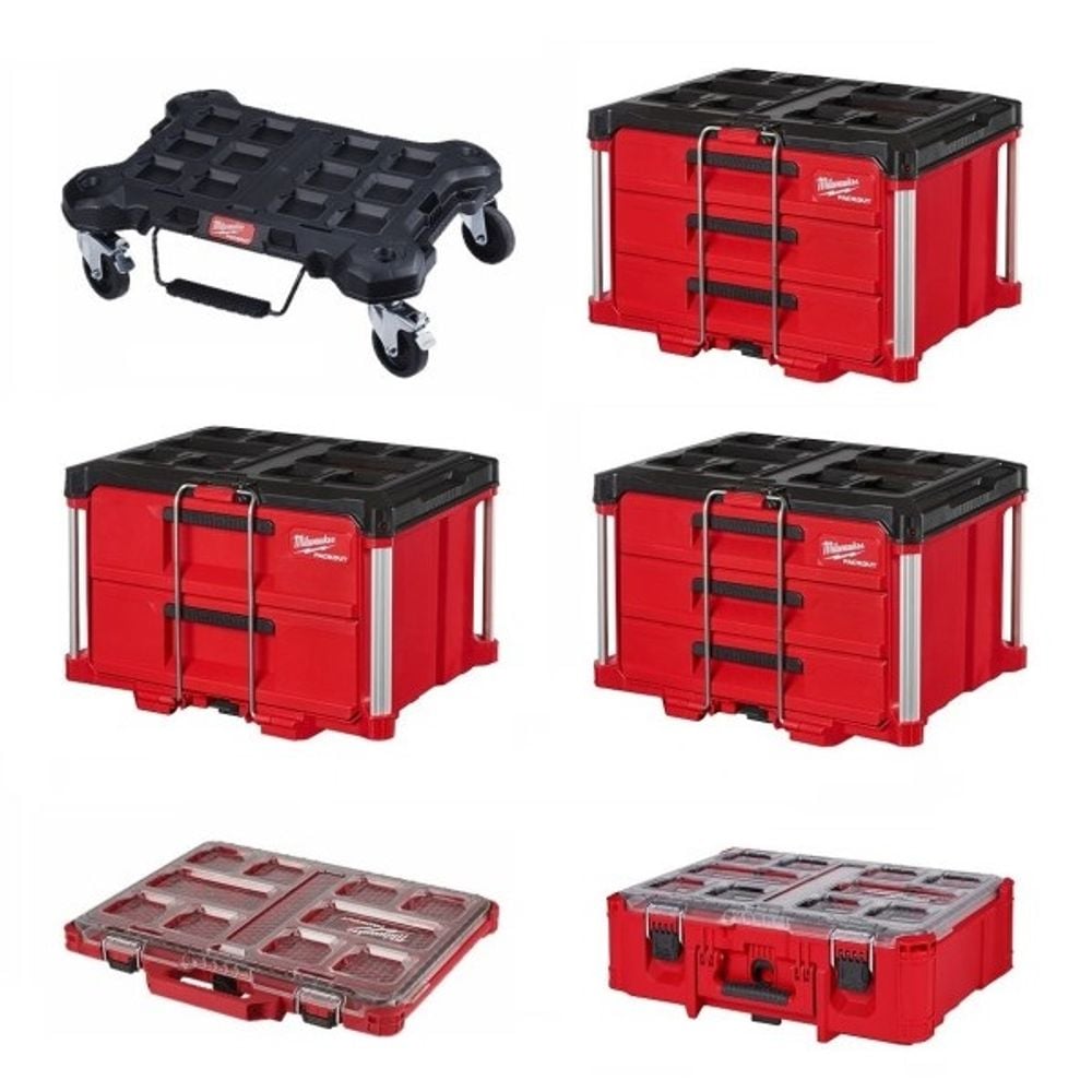 Milwaukee Packout Dolly, 2 Drawer, (2) 3 Drawer, Deep and Slim Organizer Bundle